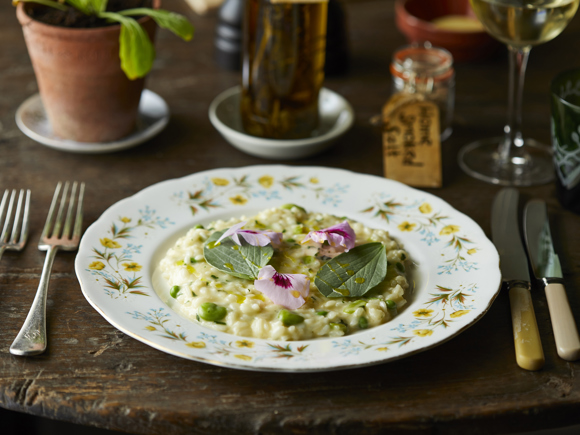 spring-pea-risotto-broad-bean-leaves-and-morrocan-mint-oil